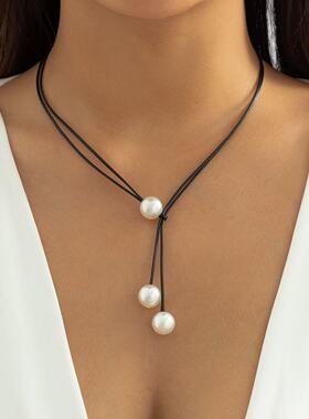 日韩民族风简约蜡线流苏项饰复古仿珍珠长款吊坠项链女气质春夏新