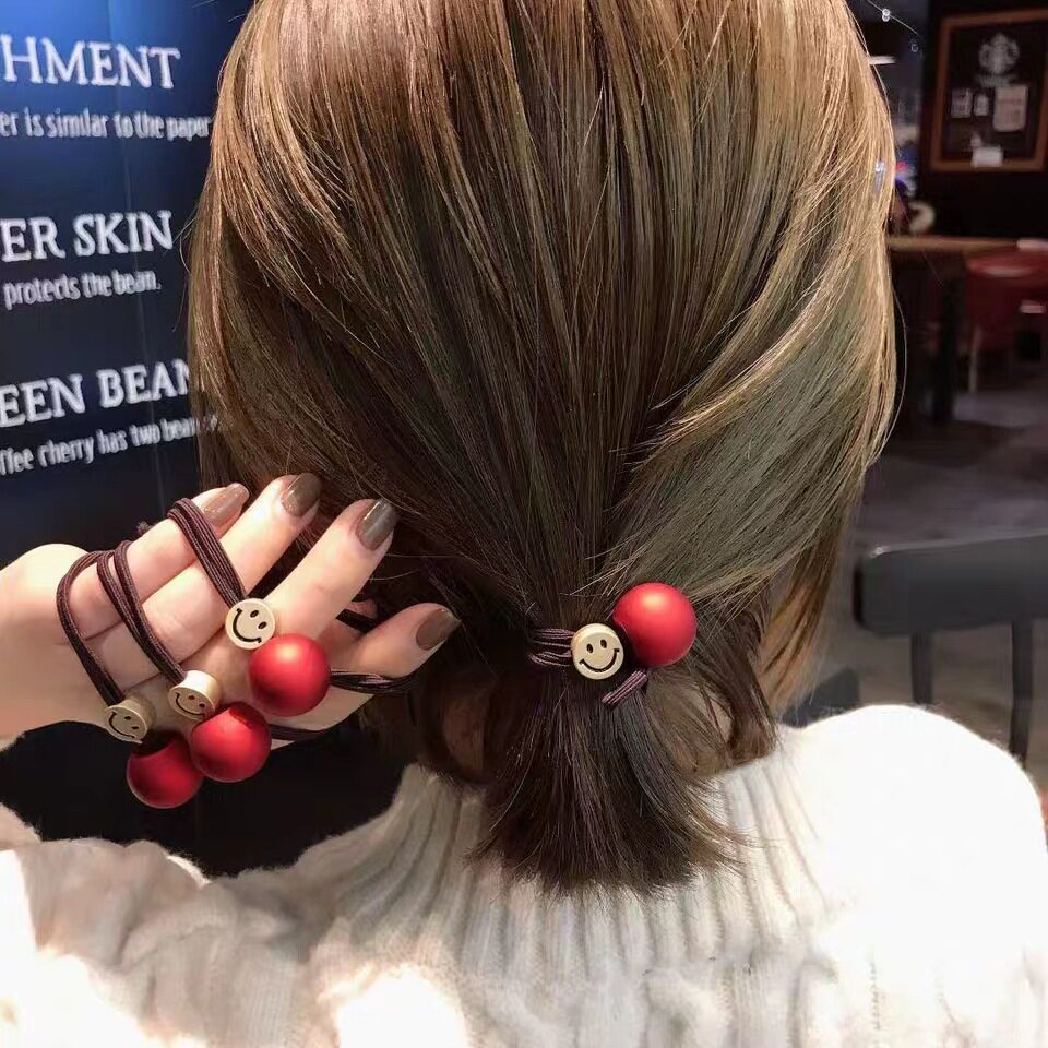 韩国东大门新年红球球金属笑脸弹力发绳网红款发圈头绳丸子头饰