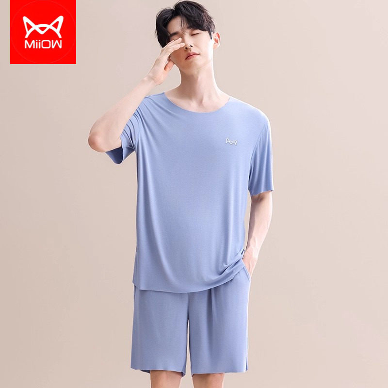 猫人男士睡衣男款冰丝凉感无痕短袖短裤夏季莫代尔薄款家居服套装