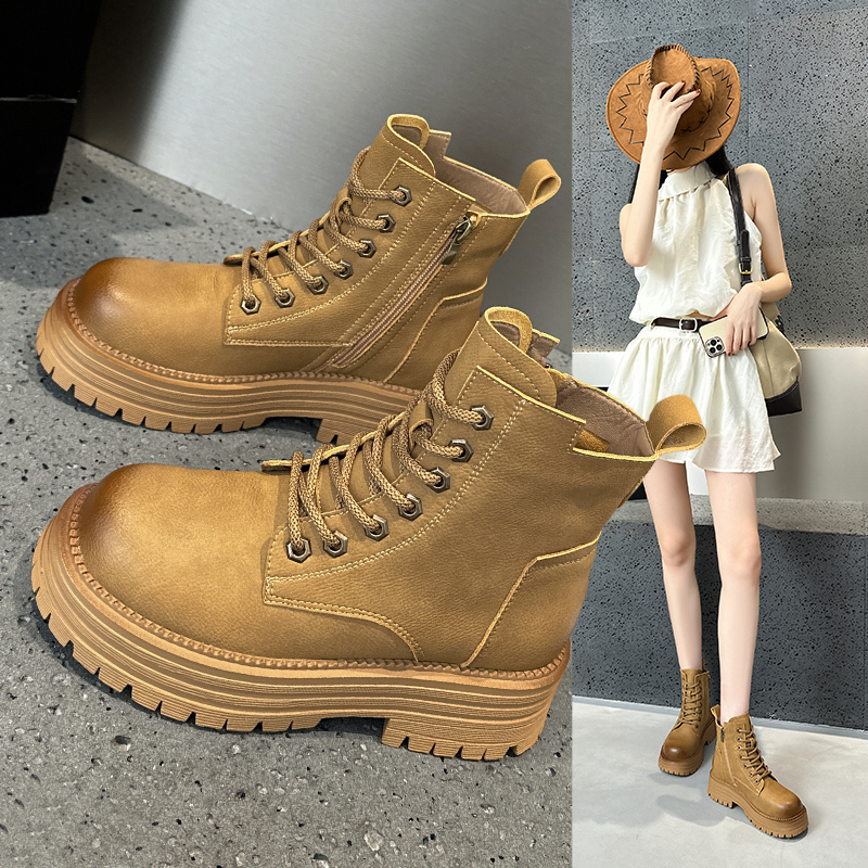 复古牛皮马丁靴女春秋单靴大黄靴