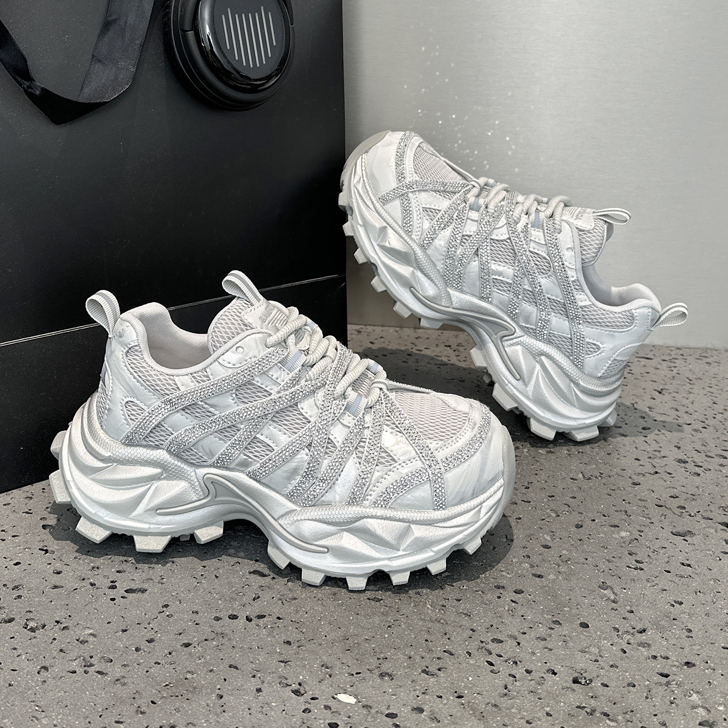 欧洲站水钻老爹鞋女2026春季新款爆款系带厚底网面运动休闲跑步鞋,女鞋,时尚休闲鞋,淘宝优惠券,粉丝福利购,淘宝优惠卷