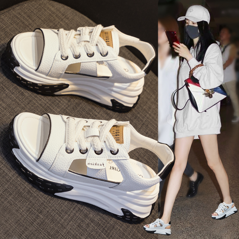 真皮罗马鱼嘴凉鞋女2025新款夏季镂空透气厚底松糕运动老爹小白鞋