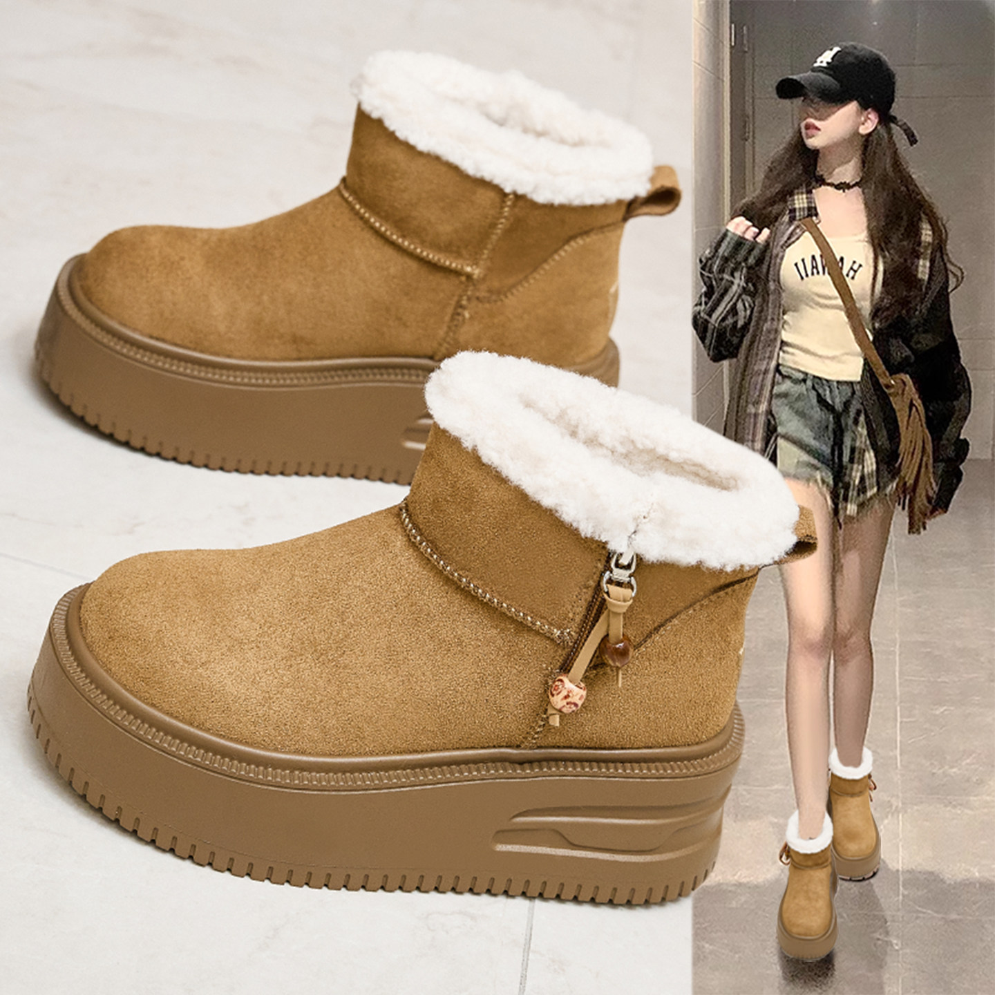 厚底松糕雪地靴女2025新款冬季加绒加厚保暖大棉鞋小个子增高短靴,女鞋,时尚雪地靴,淘宝优惠券,粉丝福利购,淘宝优惠卷