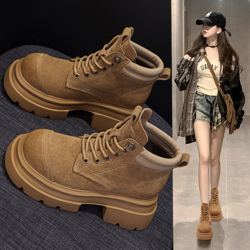 磨砂皮马丁靴女春秋季2026新款英伦风大头靴子厚底小个子增高短靴