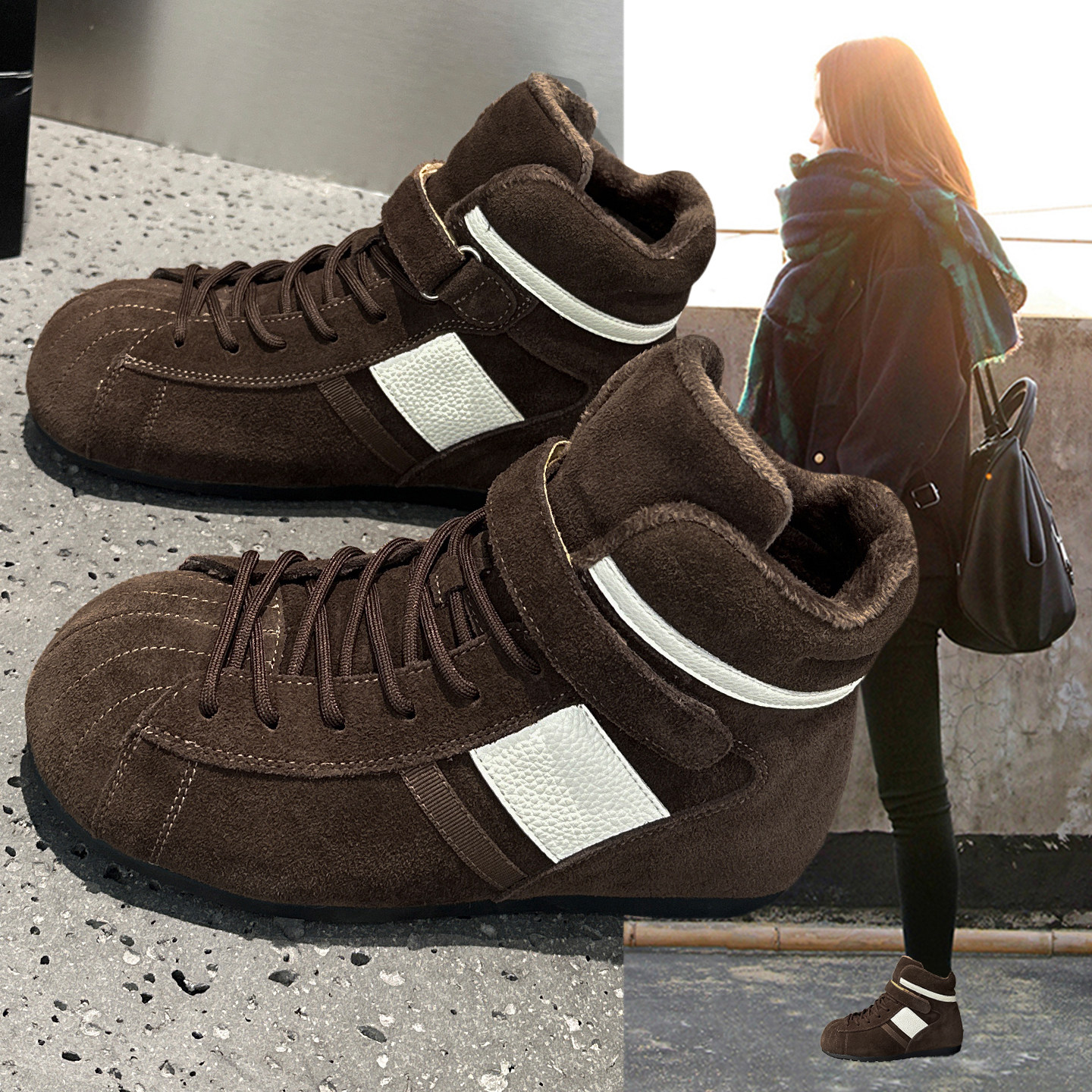 真皮贝壳头高帮鞋女2025新款秋冬加绒二棉巨好看平底运动休闲板鞋,女鞋,高帮鞋,淘宝优惠券,粉丝福利购,淘宝优惠卷