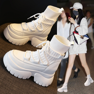 真皮高帮小白鞋女2025新款秋冬加绒弹力袜子马丁靴厚底内增高短靴