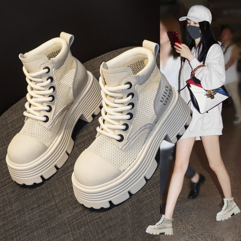 内增高马丁靴女夏季薄款2026新款爆款透气网面靴子小个子厚底短靴