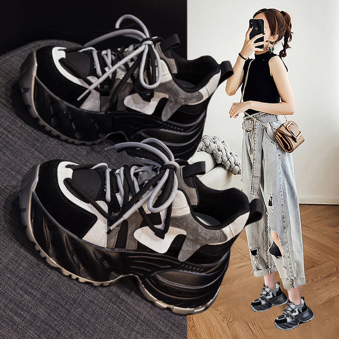 黑色小个子老爹鞋女2025秋季新款