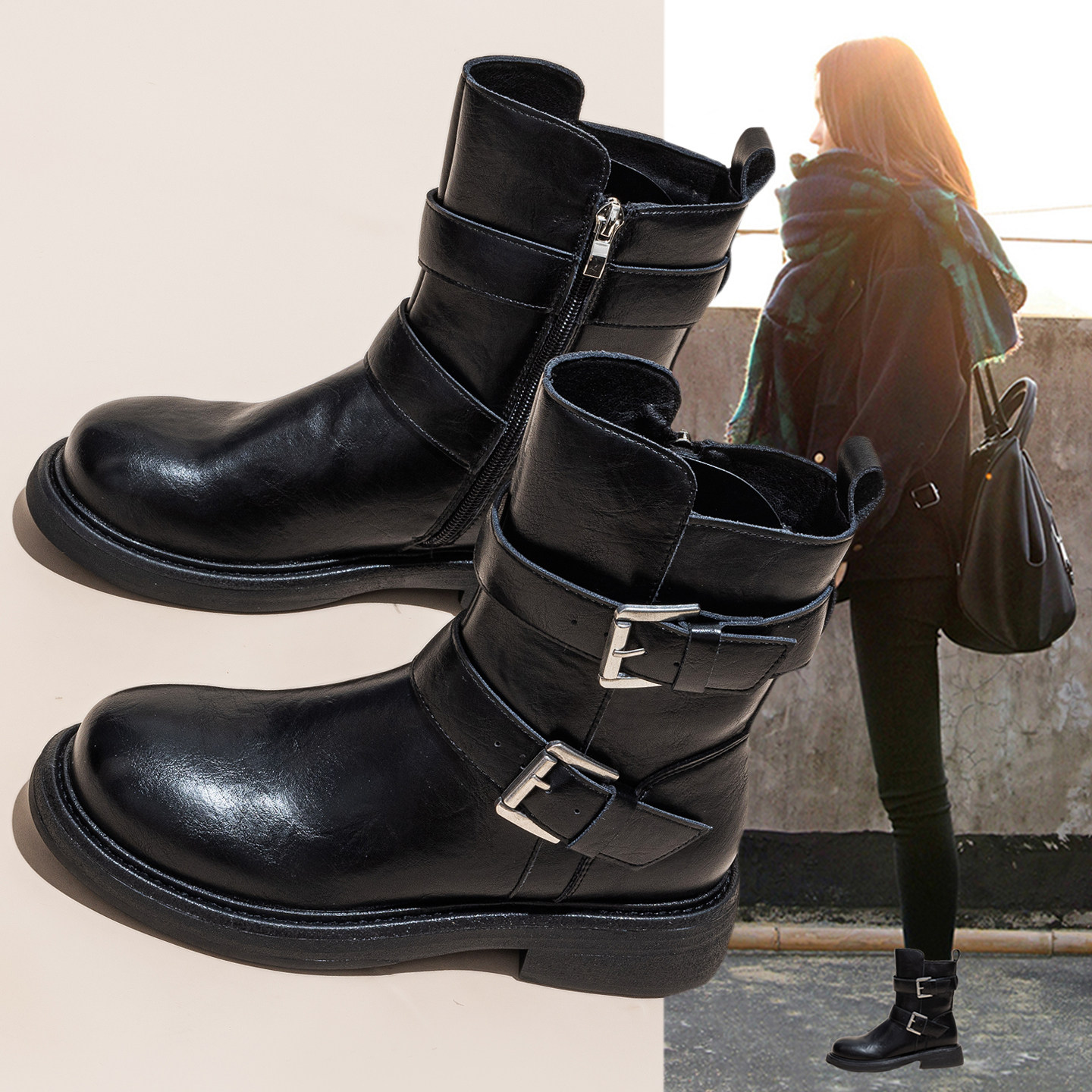 真皮骑士马丁靴女2025新款英伦风