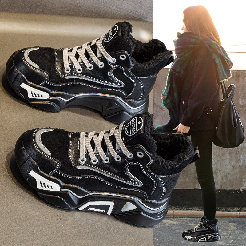 黑色雪地靴女款2025新款秋冬季加绒高帮棉鞋厚底内增高短筒马丁靴