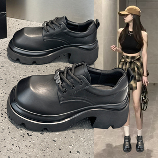 真皮英伦风小皮鞋女2026春季新款大头鞋厚底增高轻便黑色乐福单鞋