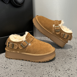 真皮厚底面包雪地靴女2025新款 加绒加厚保暖防滑全包勃肯短靴 冬季