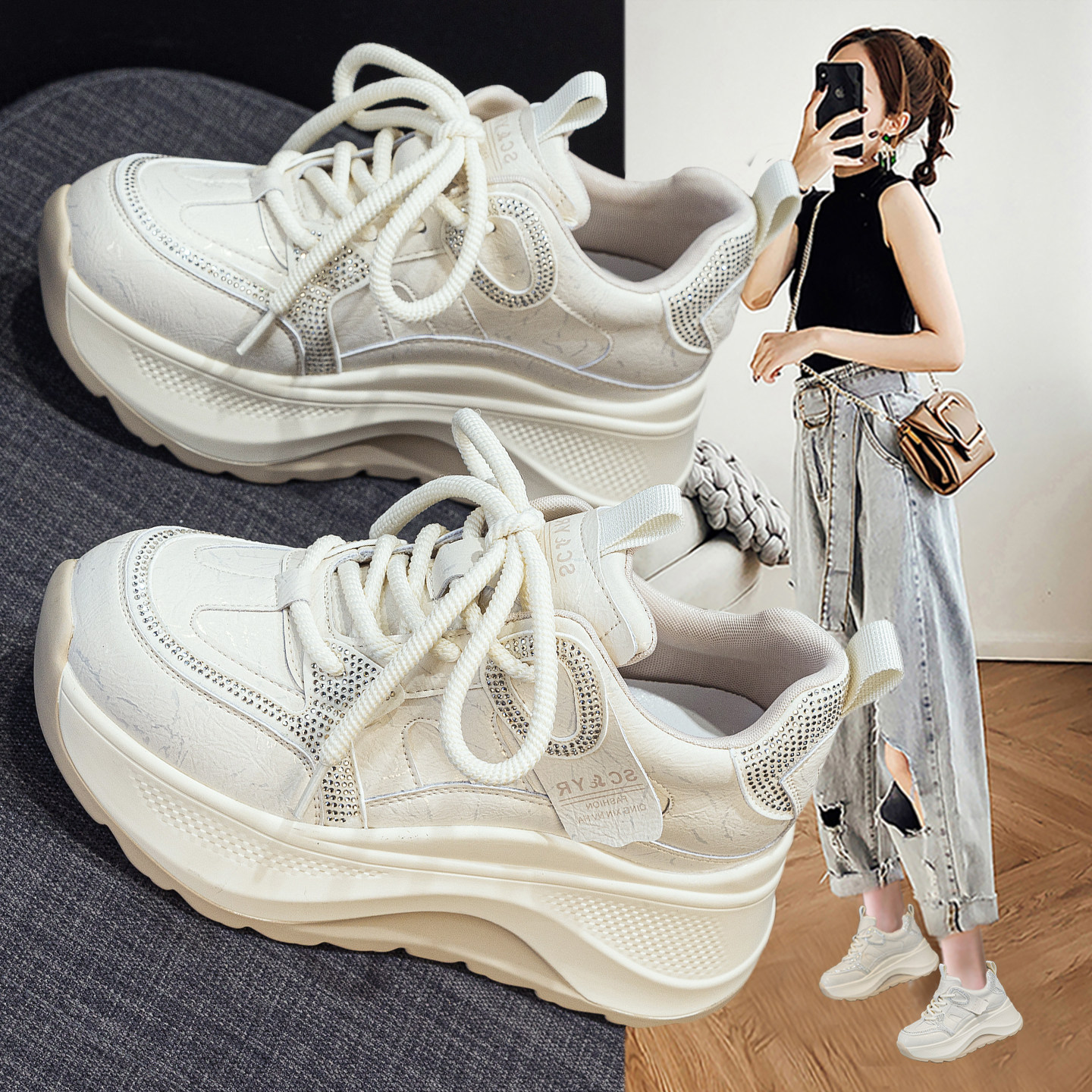 欧洲站水钻老爹鞋女2025新款秋冬加绒厚底内增高运动休闲阿甘鞋子,女鞋,时尚休闲鞋,淘宝优惠券,粉丝福利购,淘宝优惠卷