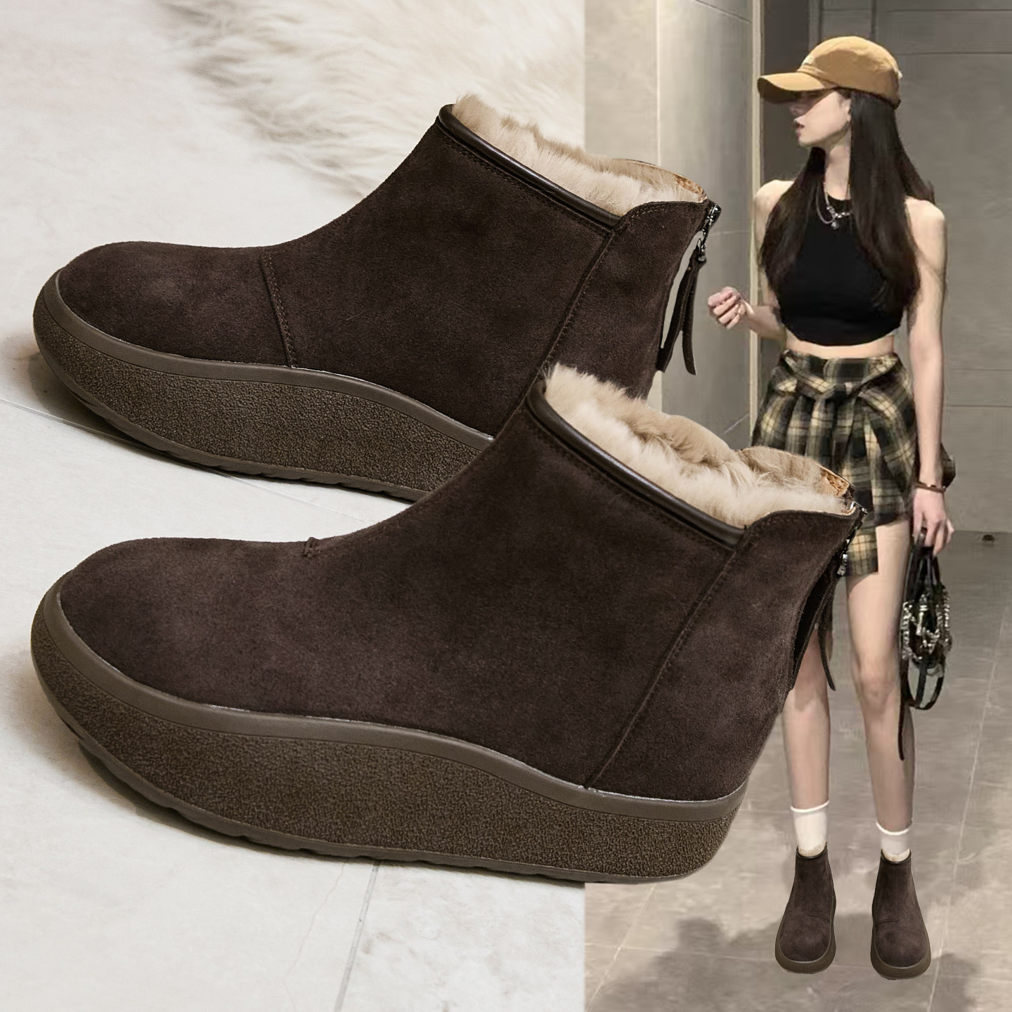 复古皮毛一体雪地靴女2025新款冬季加绒加厚保暖棉鞋厚底磨砂短靴,女鞋,时尚雪地靴,淘宝优惠券,粉丝福利购,淘宝优惠卷