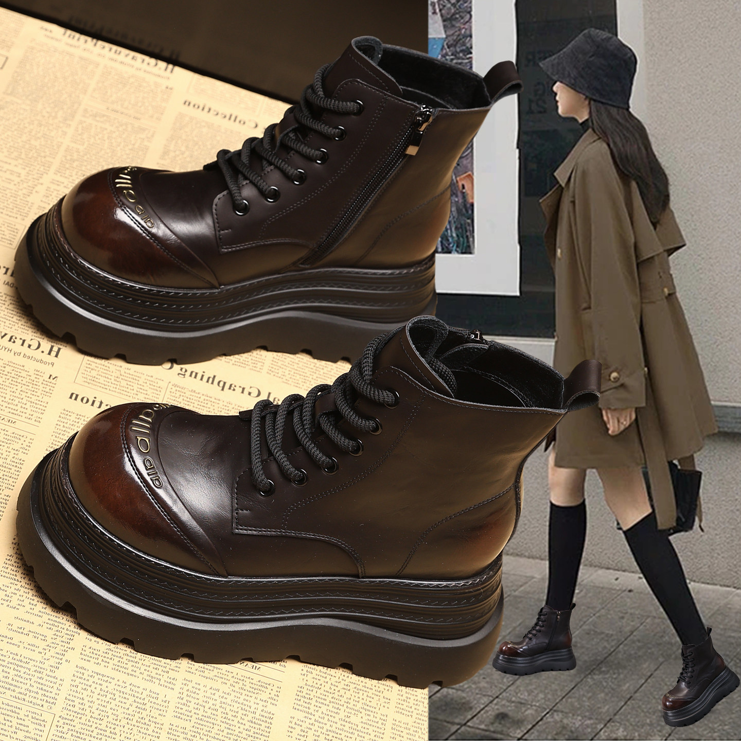 复古内增高马丁靴女款2025新款秋冬真皮超火厚底小个子切尔西短靴,女鞋,马丁靴,淘宝优惠券,粉丝福利购,淘宝优惠卷