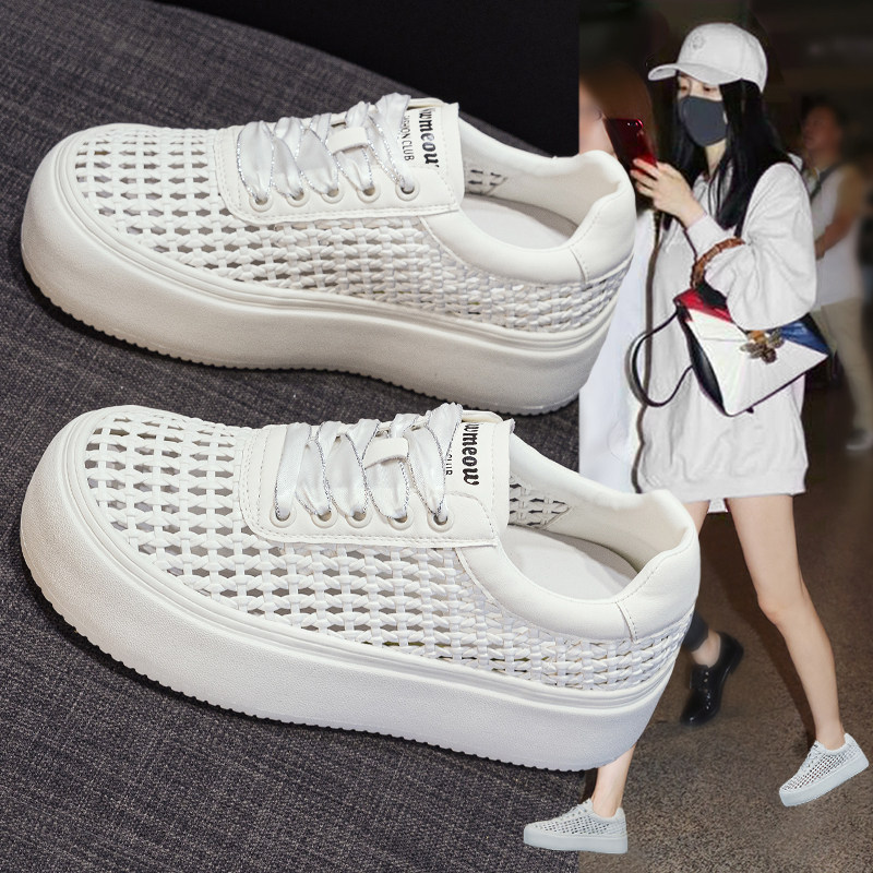 夏季网面单鞋女透气薄款2026新款百搭小白鞋编织镂空厚底休闲板鞋