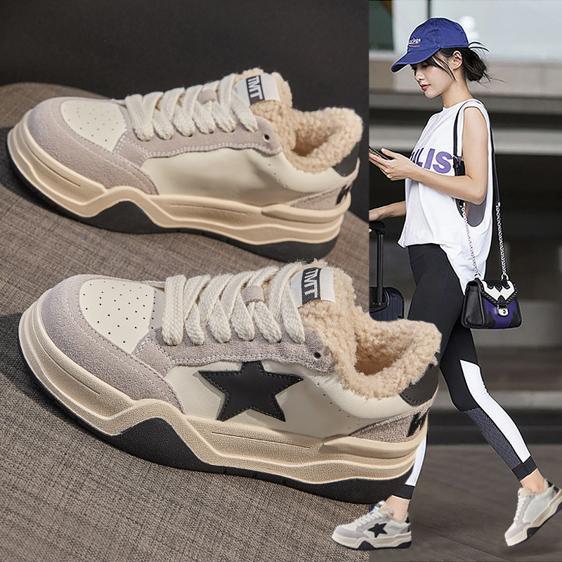 真皮小白鞋女2025新款冬季毛毛鞋