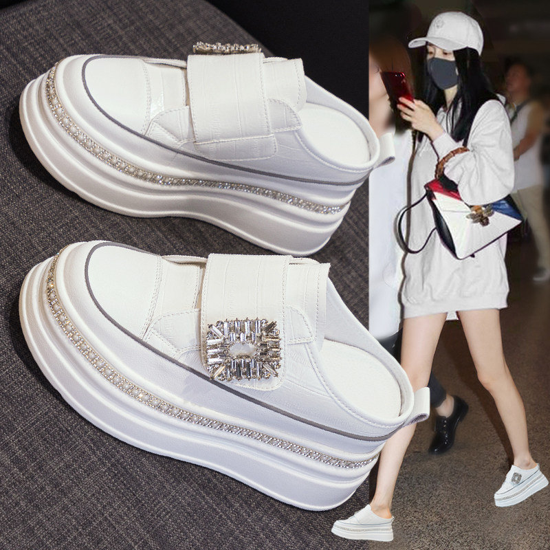 包头半拖小白鞋女2026新款爆款百搭厚底懒人一脚蹬超火内增高女鞋