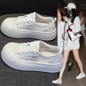 厚底松糕渔夫鞋女2024夏季新款大头丑萌饼干鞋透气网纱蕾丝小白鞋