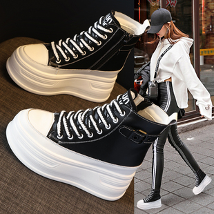 真皮高帮小白鞋女2025新款百搭秋冬加绒厚底巨好看内增高马丁短靴