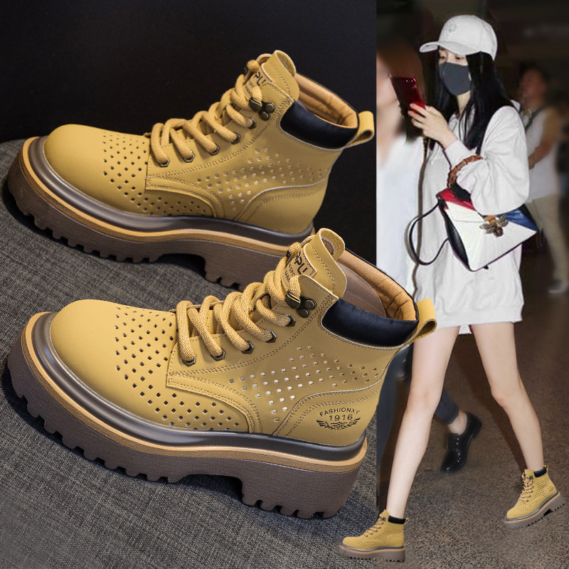内增高马丁靴女夏季薄款2026新款透气镂空大黄靴小个子厚底短靴子