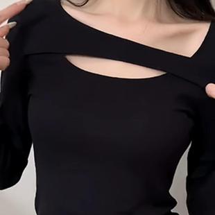 黑色性感镂空打底衫女秋冬季洋气内搭外穿加绒大码显瘦设计感小衫