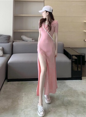 莫代尔高开叉连衣裙2021新款短袖大码V领黑色复古赫本风过膝长裙