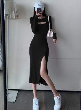 新款大码高开叉连衣裙设计感小众修身显瘦性感包臀过膝黑色长裙女