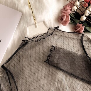 长袖 春大码 洋气毛衣内搭上衣 女2021秋冬新款 半高领蕾丝网纱打底衫