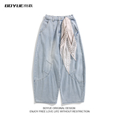 男女潮流爵士舞阔腿裤 BOYUE帛跃美式 复古方巾解构廓形弯刀牛仔裤
