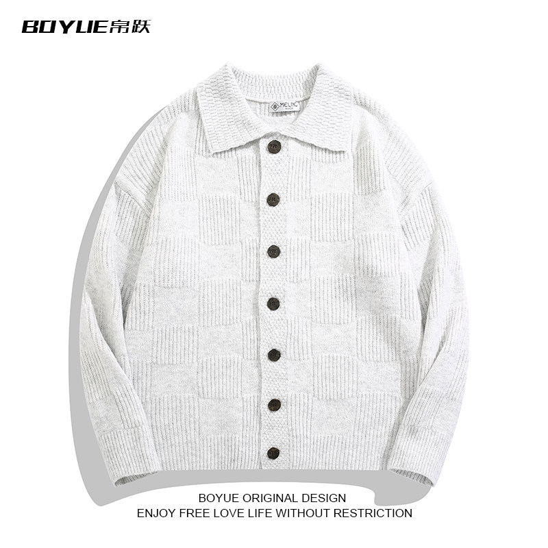 BOYUE帛跃日系简约纯色休闲针织开衫翻领文艺老钱风毛衣外套男女