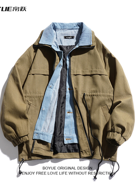 BOYUE帛跃双层假两件外套秋冬日系工装重磅保暖牛仔青春休闲夹克