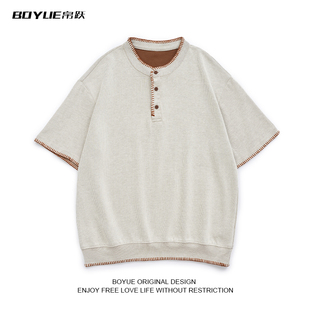 男女潮流休闲百搭高智感T恤衫 BOYUE帛跃美式 复古手缝线亨利领短袖