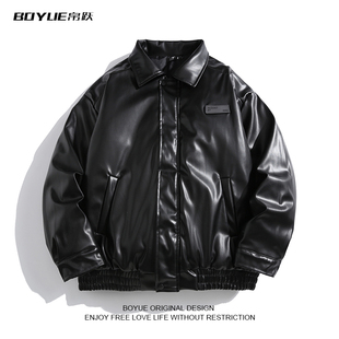 BOYUE帛跃时尚 休闲宽松简约翻领棉衣 痞帅加棉加厚皮衣外套男美式
