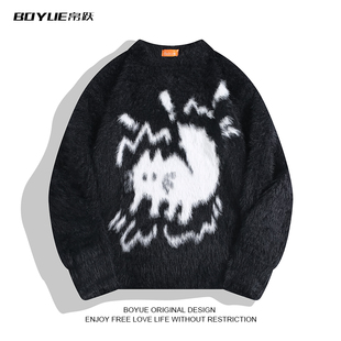 BOYUE帛跃卡通猫咪提花毛衣休闲趣味软糯仿貂绒痞帅重磅男针织衫