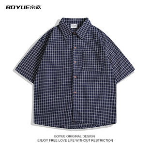 情侣复古百搭薄款 衬衫 学生衬衣男女 泡泡纱格子短袖 BOYUE帛跃夏季