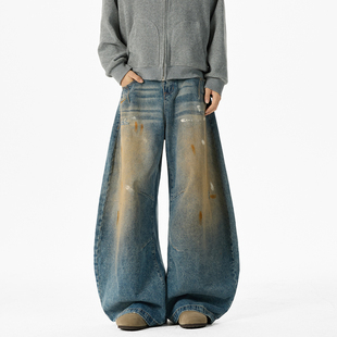 男女水洗街头阔腿痞帅街头长裤 BOYUE帛跃美式 复古做旧弯刀牛仔裤