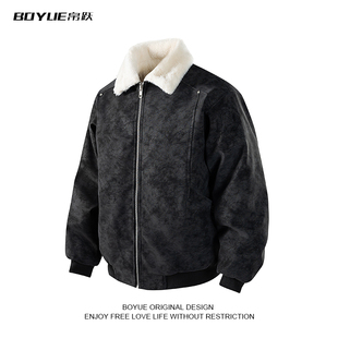 BOYUE帛跃美式 棉衣 羊羔绒PU皮夹克加厚痞帅高级感男扎染休闲工装