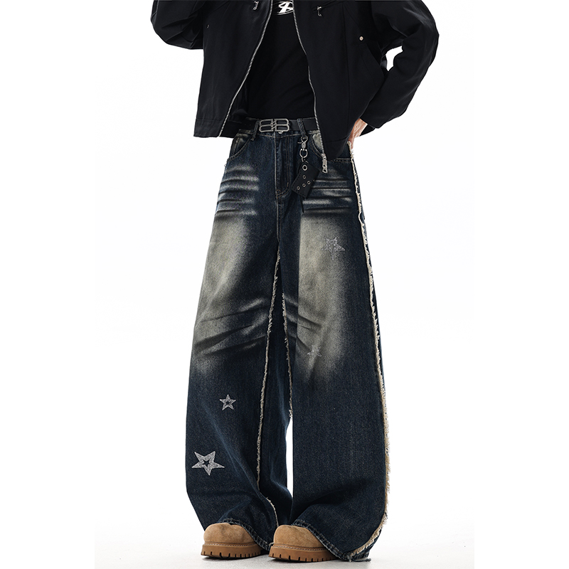 BOYUE帛跃猫须毛边做旧牛仔裤男