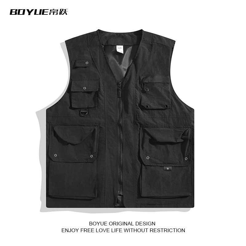 BOYUE 일본 패션 멀티 포켓 작업복 조끼 청소년을위한 봄 야외 기능성 재킷 조끼 남성용