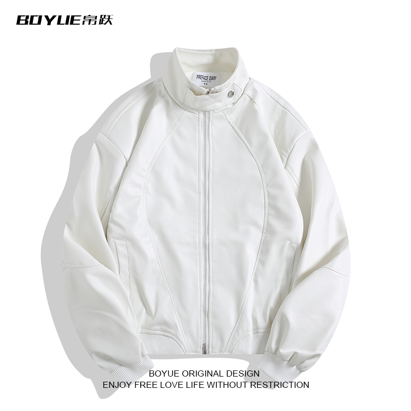BOYUE帛跃立领纯色机车皮衣夹克