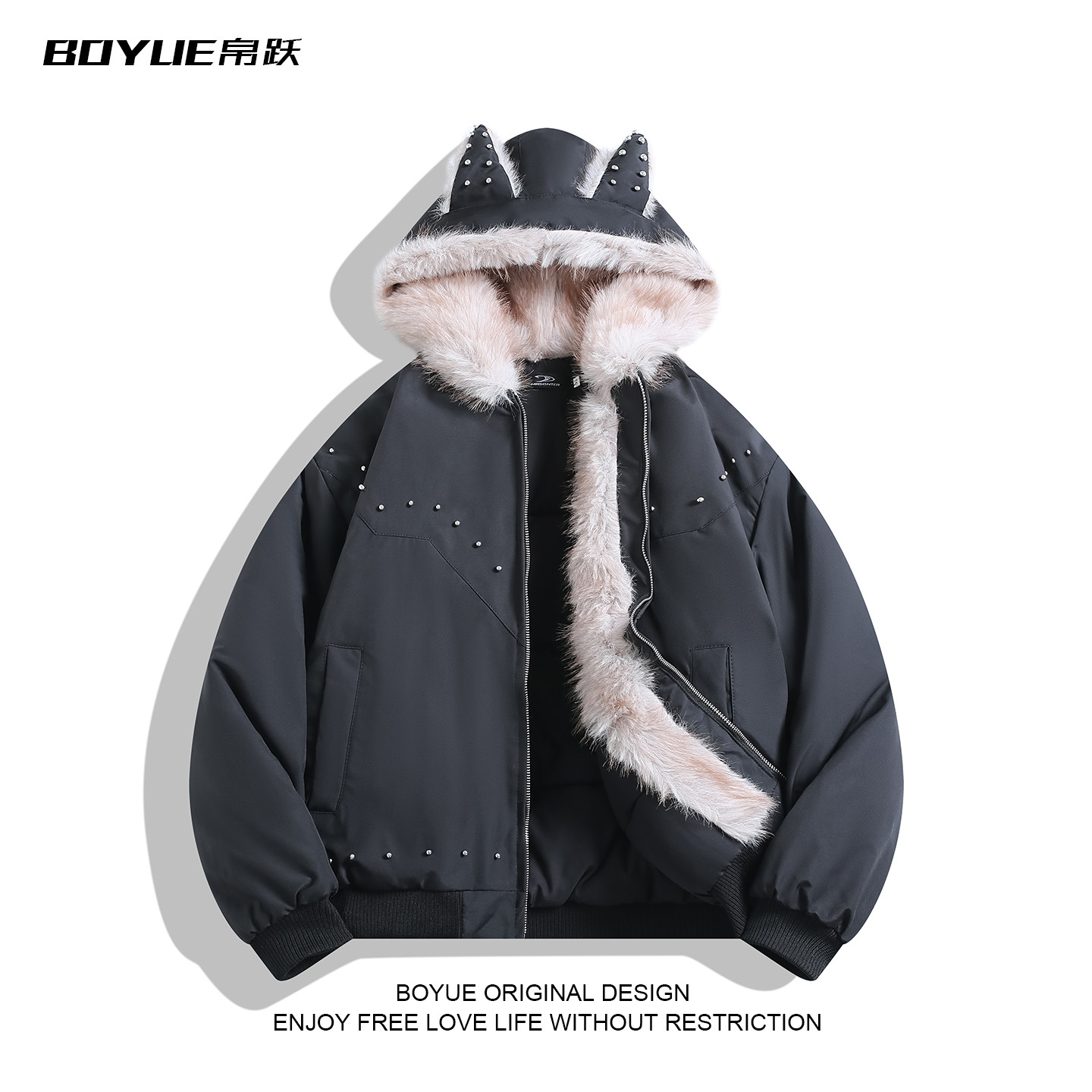 BOYUE帛跃座山雕小恶魔毛领连帽棉服铆钉设计感小众保暖外套男女,男装,棉衣,淘宝优惠券,粉丝福利购,淘宝优惠卷