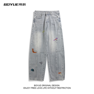 男女宽松休闲直筒街头痞帅阔腿长裤 BOYUE帛跃美式 复古刺绣牛仔裤