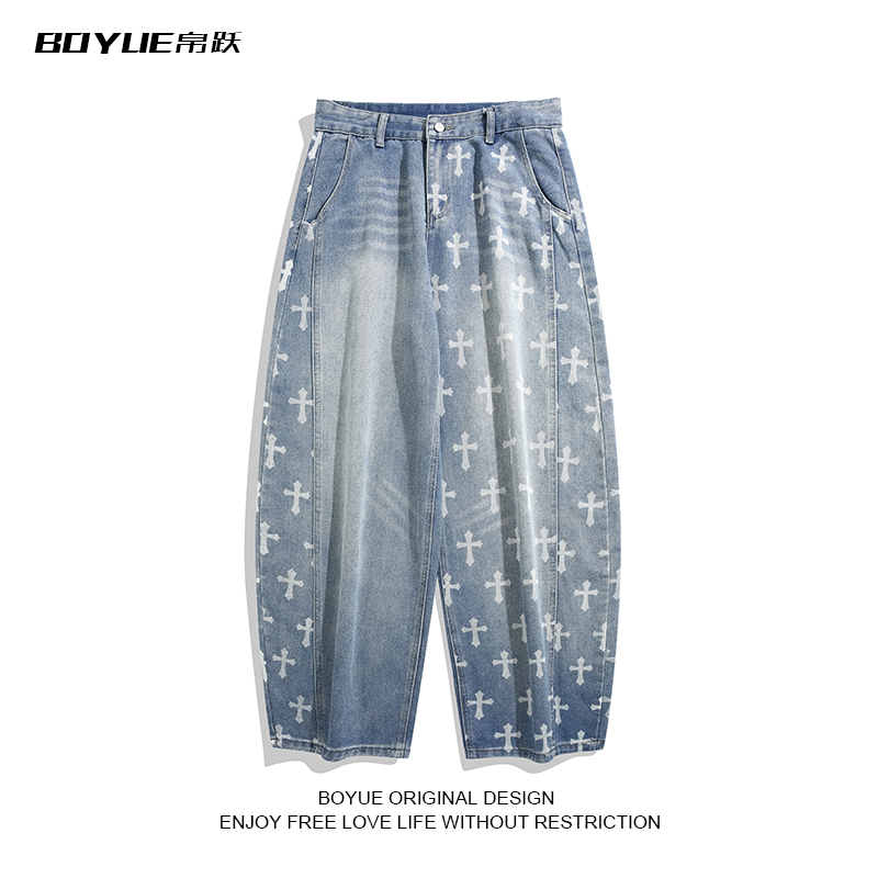 BOYUE帛跃美式十字架印花牛仔裤