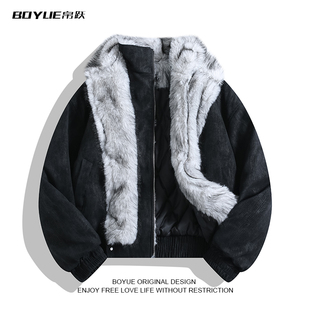 BOYUE帛跃美式 毛领双层狼王座山雕外套立领保暖痞帅街头男女棉服