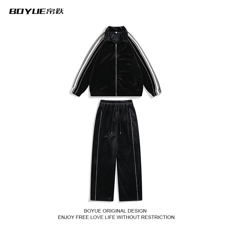 BOYUE帛跃条纹拼接男生运动套装丝绒舒适百搭时尚卫衣外套休闲裤