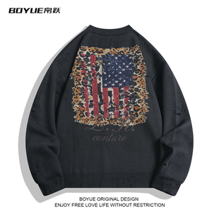 情侣针织外套男 时尚 BOYUE帛跃街头做旧豹纹旗帜毛衣开衫 破洞个性