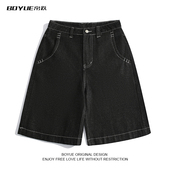 BOYUE帛跃设计感刺绣直筒牛仔短裤 男 ins五分裤 男美式 高街潮流时尚