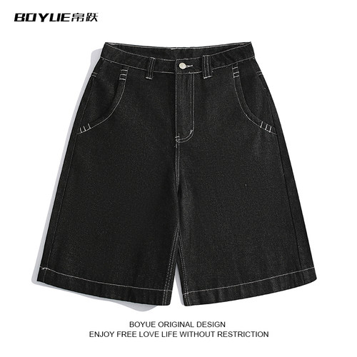 BOYUE帛跃刺绣直筒牛仔短裤