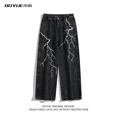 BOYUE帛跃闪电刺绣直筒牛仔裤男